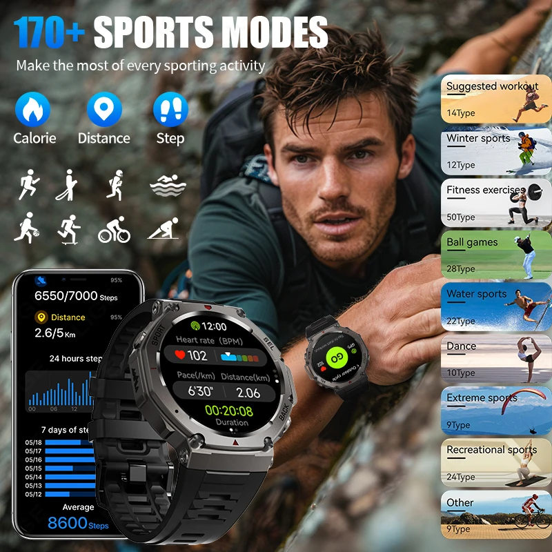 GPS Smart Watch AMOLED 5ATM Waterproof Built-in Dual-band GNSS Compass Military Sport Fitness Smartwatch Men New for Android IOS