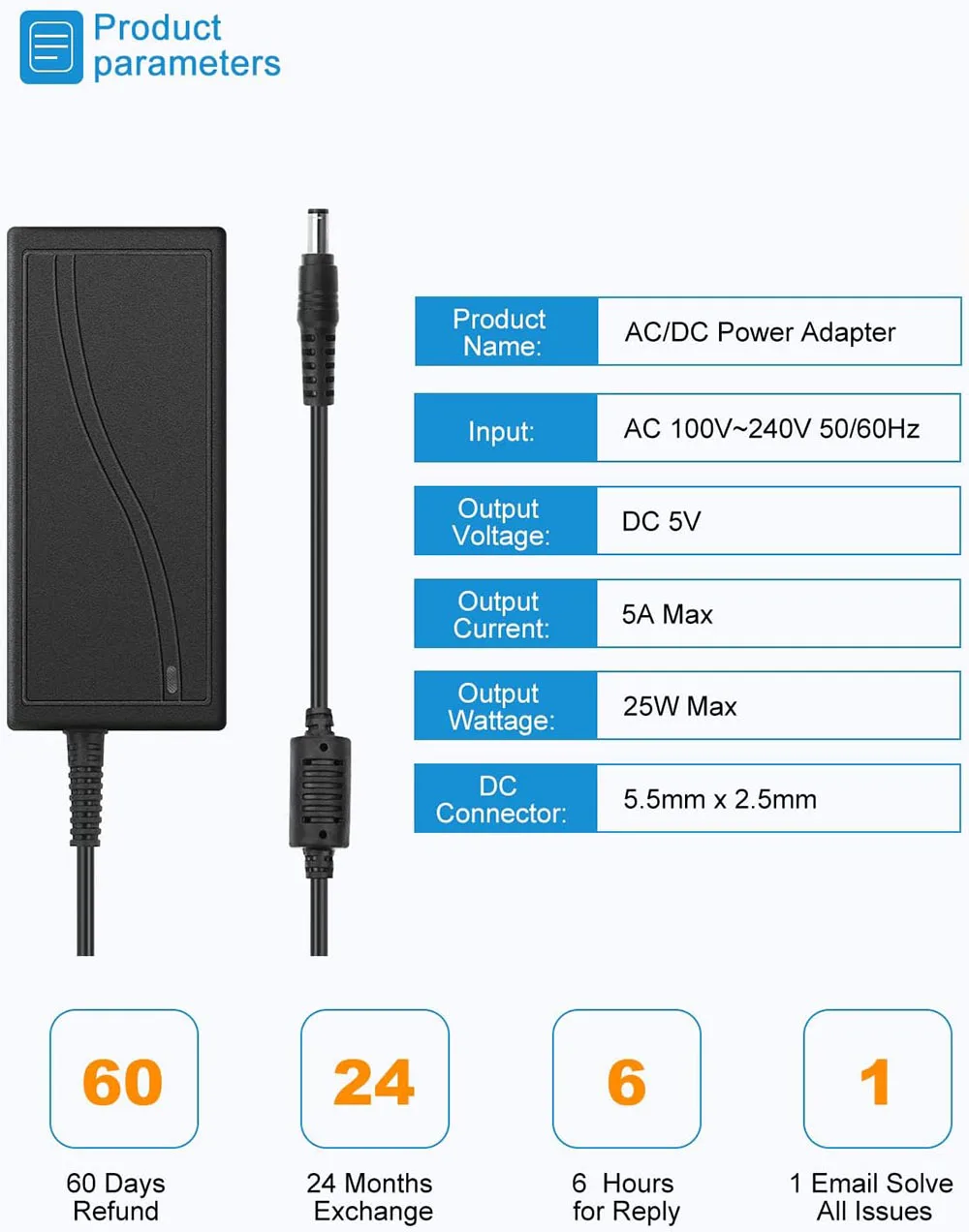 5V 1A Power Supply Adapter, 5 Watts Max, 5.5mm X 2.5mm US Plug, DC 5V 1A  Power Adapter, for LED Strip Pixel Light TV Box etc