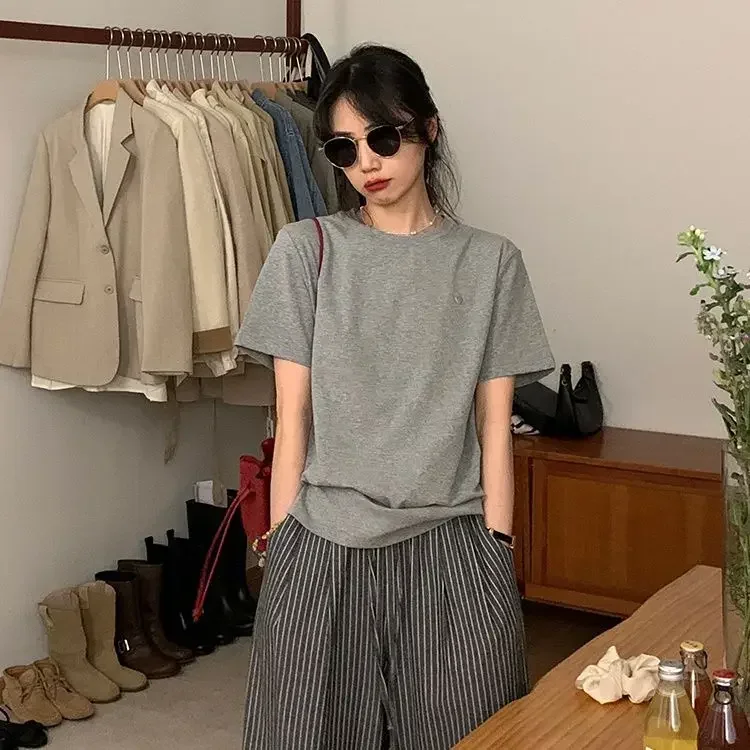 ZZ103 2024 Love Buckle Cotton Short-sleeved T-shirt Women's Summer New Loose Round Neck Design Versatile Front Shoulder Top 2