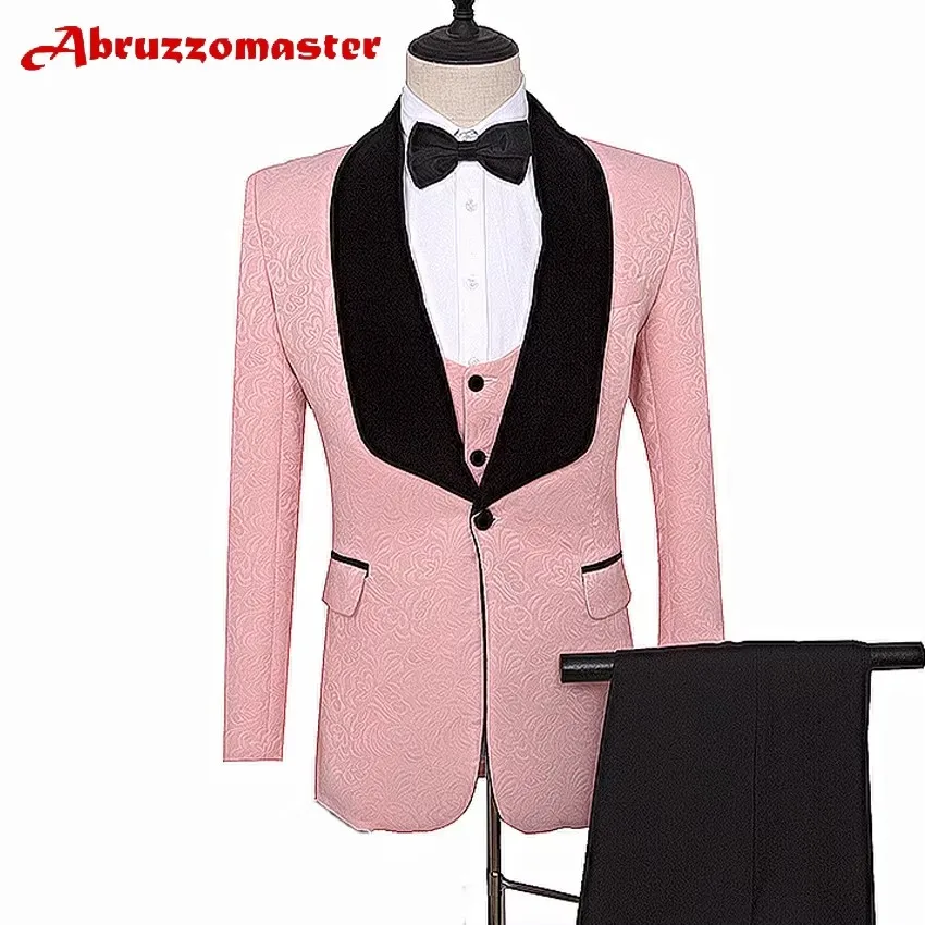 Tailor Suits Blazer Printed Groom Tuxedos Pink jacket for Groomsman Suit Wedding suit Made Man Suit Jacket+pants+vest