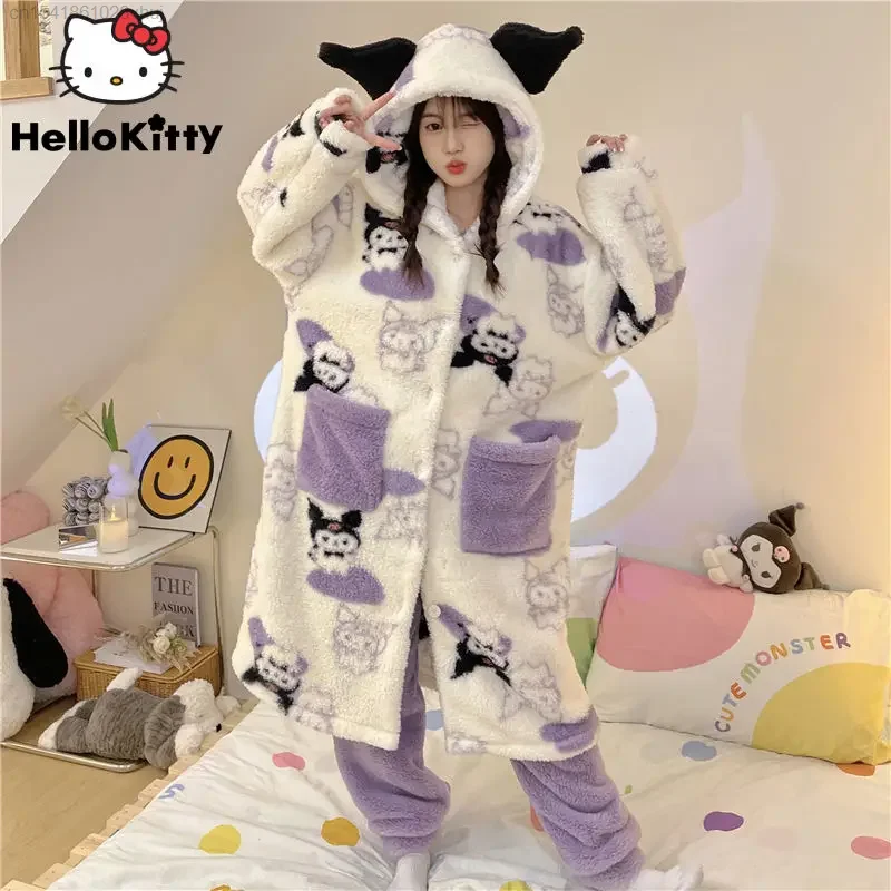 

Sanrio Kuromi Cute Sleepwear For Sleeping Y 2k Girls Winter Coral Velvet Kawaii Anime Fuzzy New Korean Home Wear Pajama Pjs Set