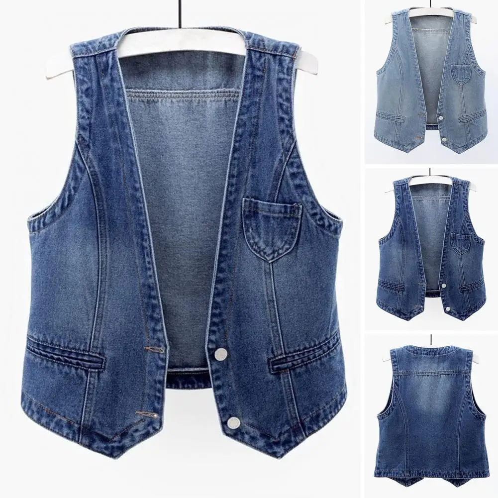 

Ladies Denim Vest Vintage Denim Vest for Women V Neck Waistcoat with Double Buttons Solid Color Streetwear for Fall Spring