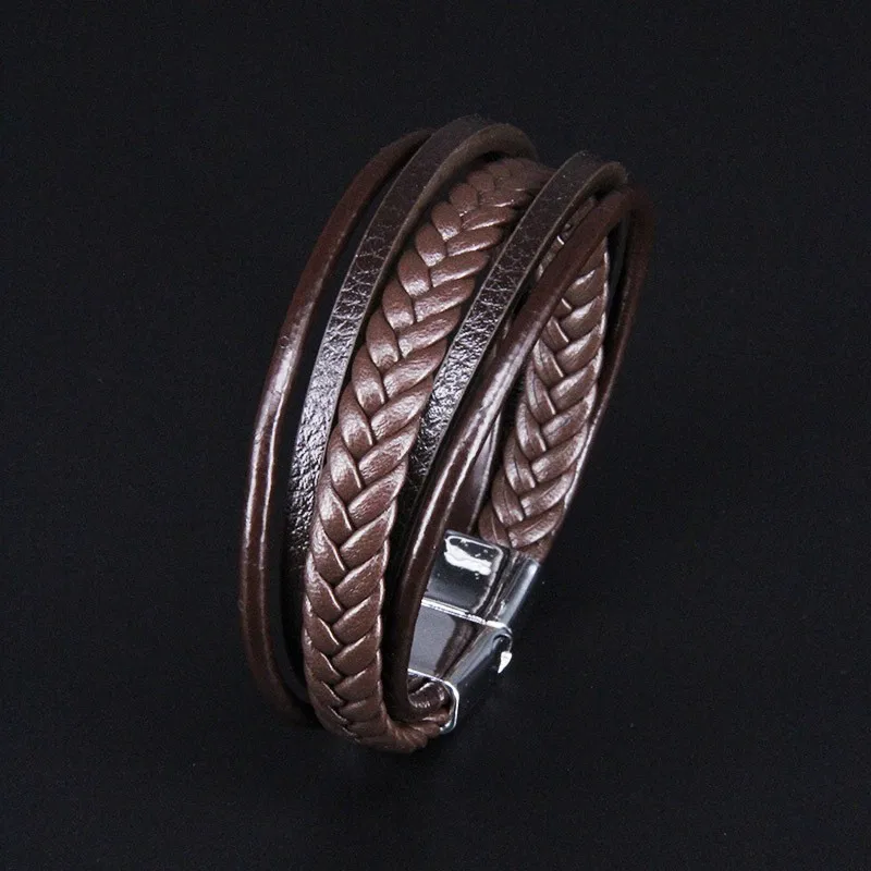 ZG Multi Layered Hand Woven Leather Rope Magnetic Suction Bracelet for Men Vintage Jewelry