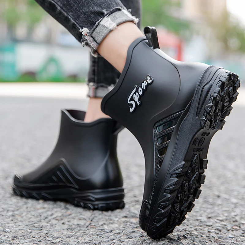 Men Rainboots Waterproof Rain Boots Ankle Water Shoes PVC Fashion Outdoor Flat Non-Slip Fishing Work Boots Man Ankle Rainboots