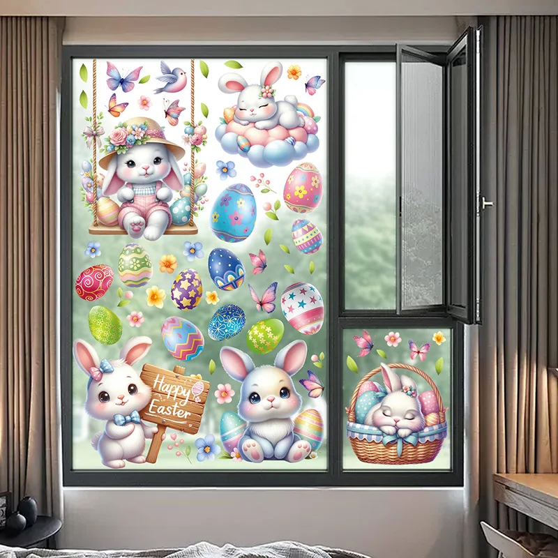 6Pcs Easter Window Stickers Double Sided Printed PVC Electrostatic Home Decor Glass Decals Reusble Easter Party Decorations