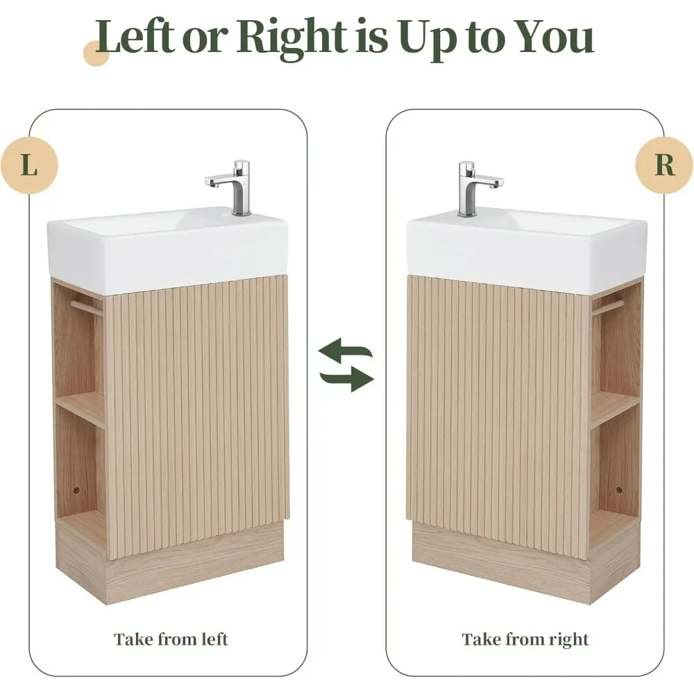 19" Small Single Bathroom Vanity with Sink,1 Door,Toilet Paper Holder and 2 tier Shelves,Natural Wood Bathroom Vanity Sink 6