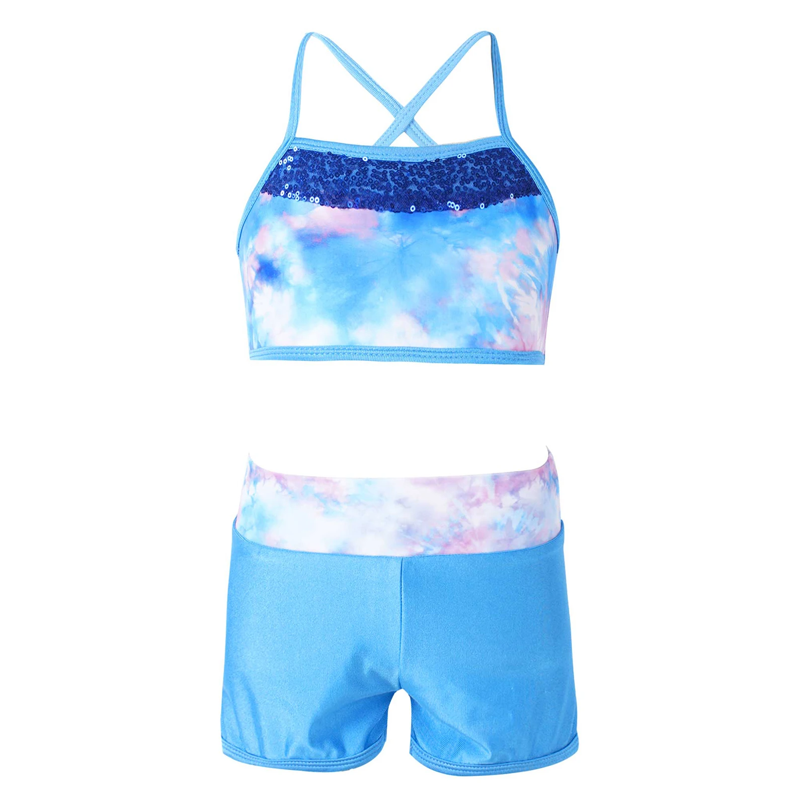 

Kids Girls Sequins Mermaid Scales Printed Swimwear Tank Top with Bottoms Tankini Gymnastics Leotard Swimsuit for Dancing
