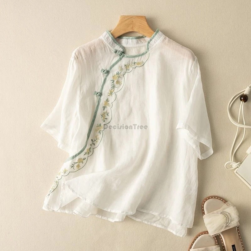 chinese ethnic style women tea clothing vintage literature art temperament blouse new exquisite embroidery cotton linen top women chinese shirt