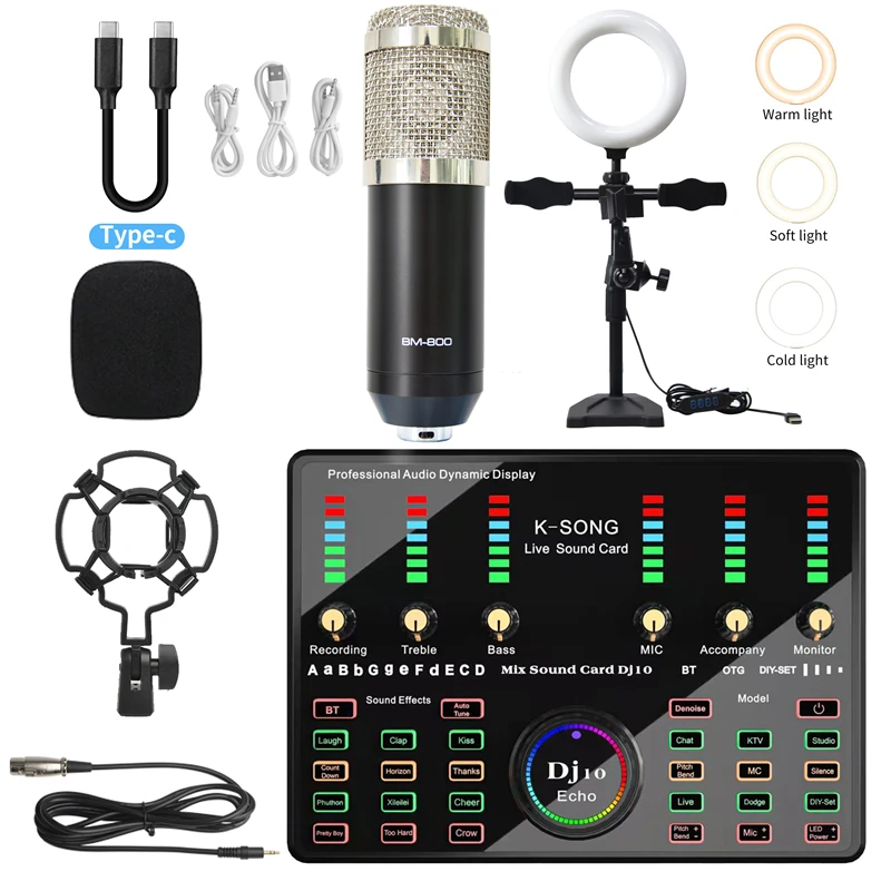 BM 800 Professional Condenser Studio Microphone Bluetooth Wireless with Ring Fill Light Sound Card for Karaoke Gaming Pc Phone 