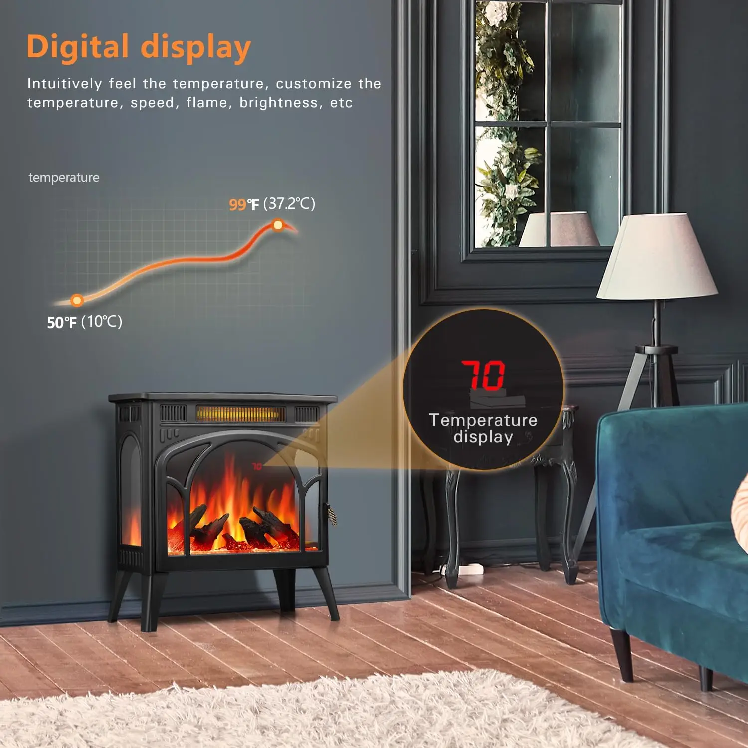 R.W.FLAME Electric Fireplace Heater 12 Flame Color, 25" Freestanding Fireplace Infrared Stove 500W/1500W, 3D Realistic Flame