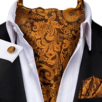 3pcs Mens Yellow Gold Floral Stripes Cravat Ascot Pocket Square Cufflinks  Set Wedding Formal Casual Office 3