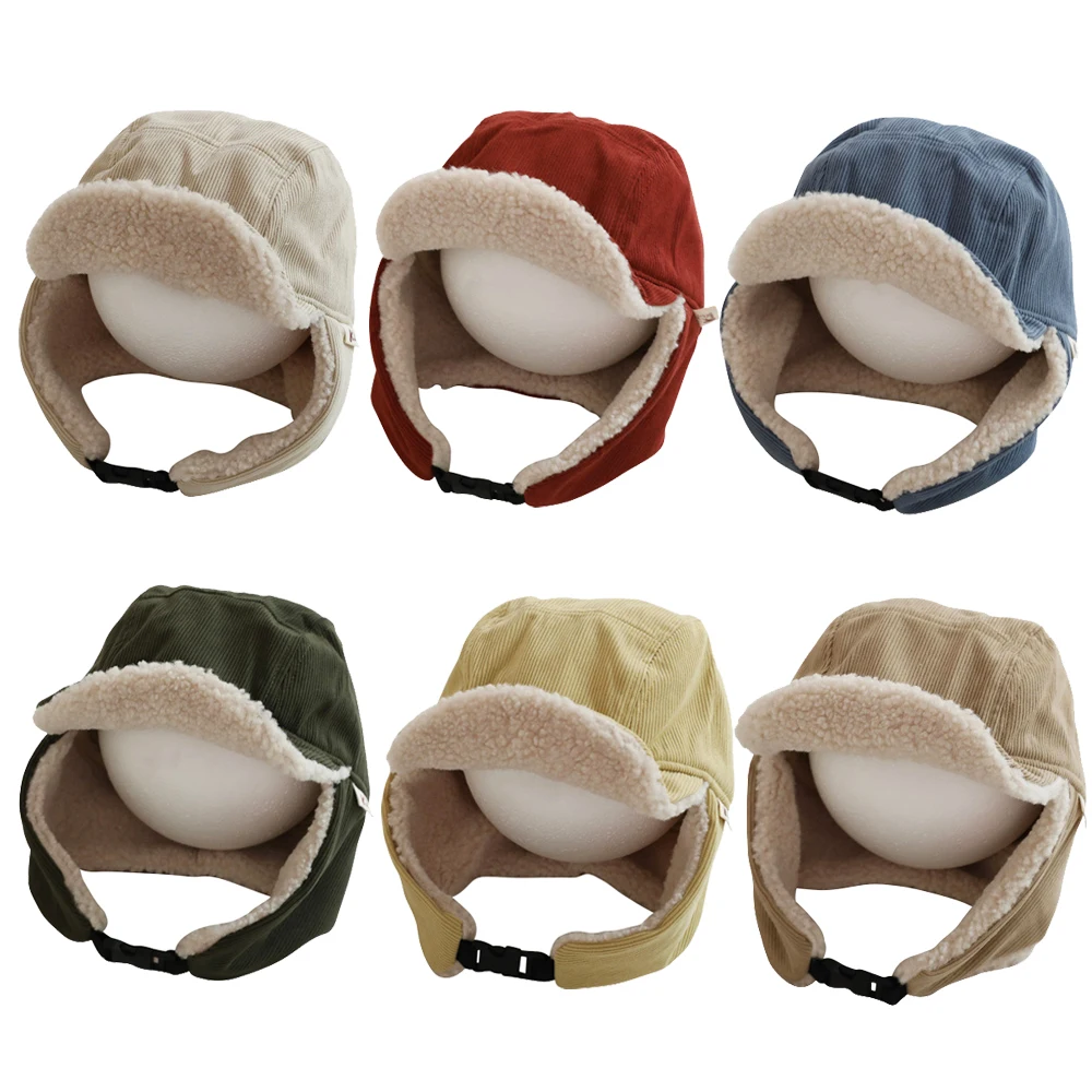 Corduroy Baby Winter Hat for Skiing Lamb Wool Kids Bonnet Hat with Earflaps Adjustable Autumn Children Cap for Girls Boys 2-6Y