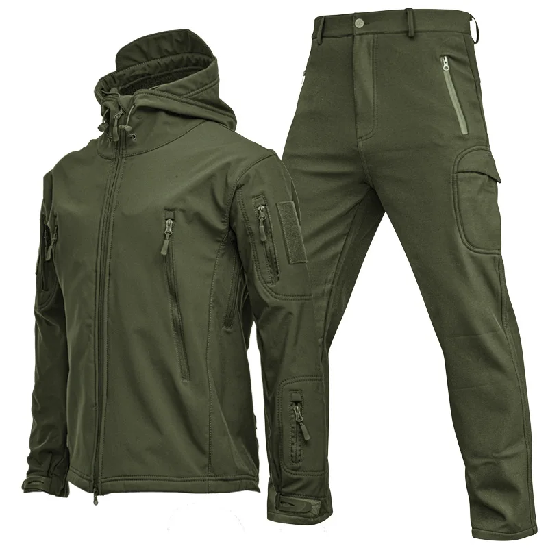 Men's Outdoor Sports Jacket Pants Sets Men Fleece Warm Waterproof Cargo Work Coat Trousers Set Men's Hiking Clothes 3