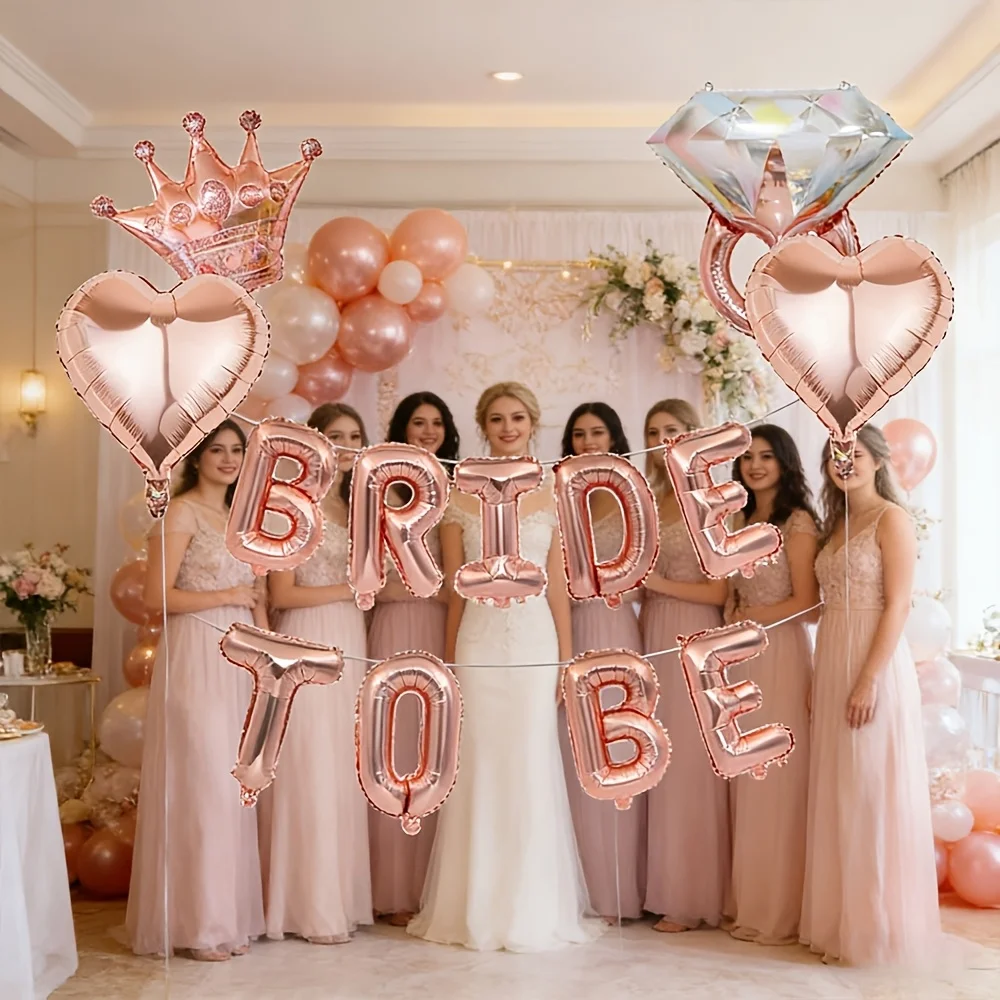 13pcs Set, Rose Golden "Bride to Be" and Ring Crown Foil Balloons - Includes 16-inch Rose Golden "BRIDE to BE" Lettering