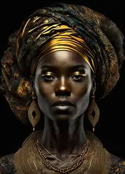 Elegant African Black and Gold Woman Portrait Canvas Art for Modern Living Room Decor (Navy Blue)