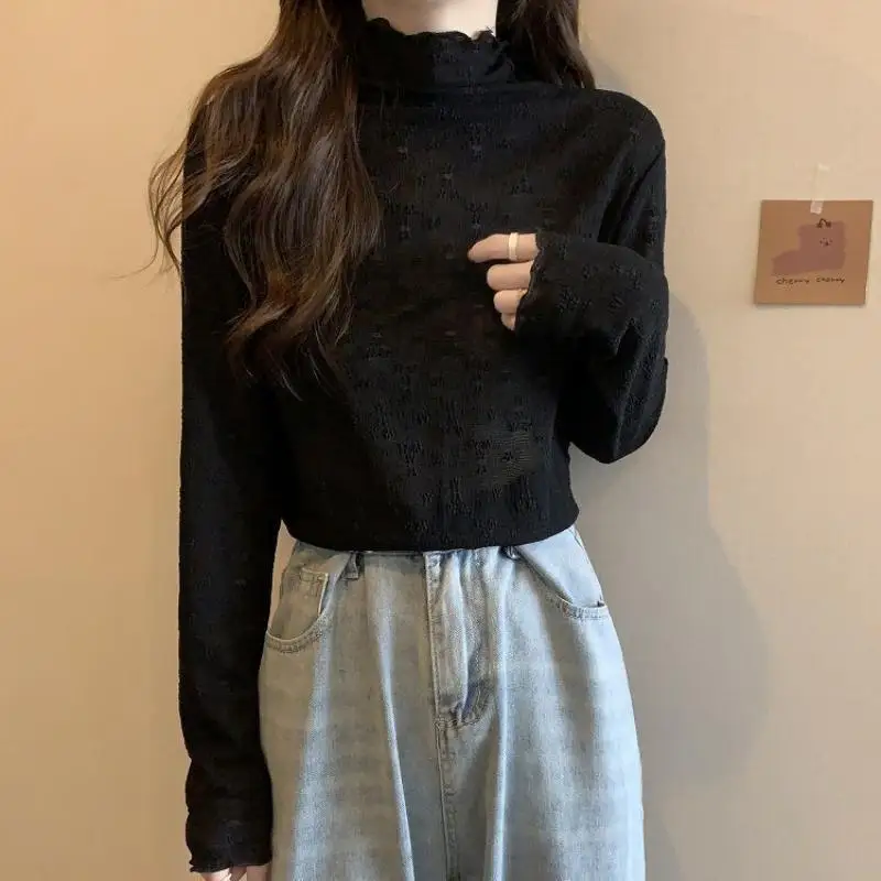 

Women's Half High Collar Thickened Pullover Casual Fashion Slim Lace Top Autumn Warm Long Sleeved Sweater