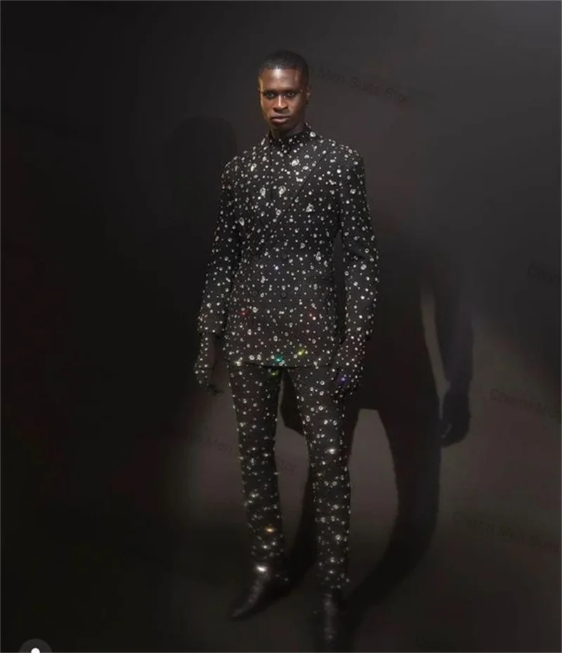 

Formal Black Crystals Men Suits Set 2 Piece Blazer+Pants Custom Made Prom Coat Jacket Office Business Groom Wedding Tuxedo