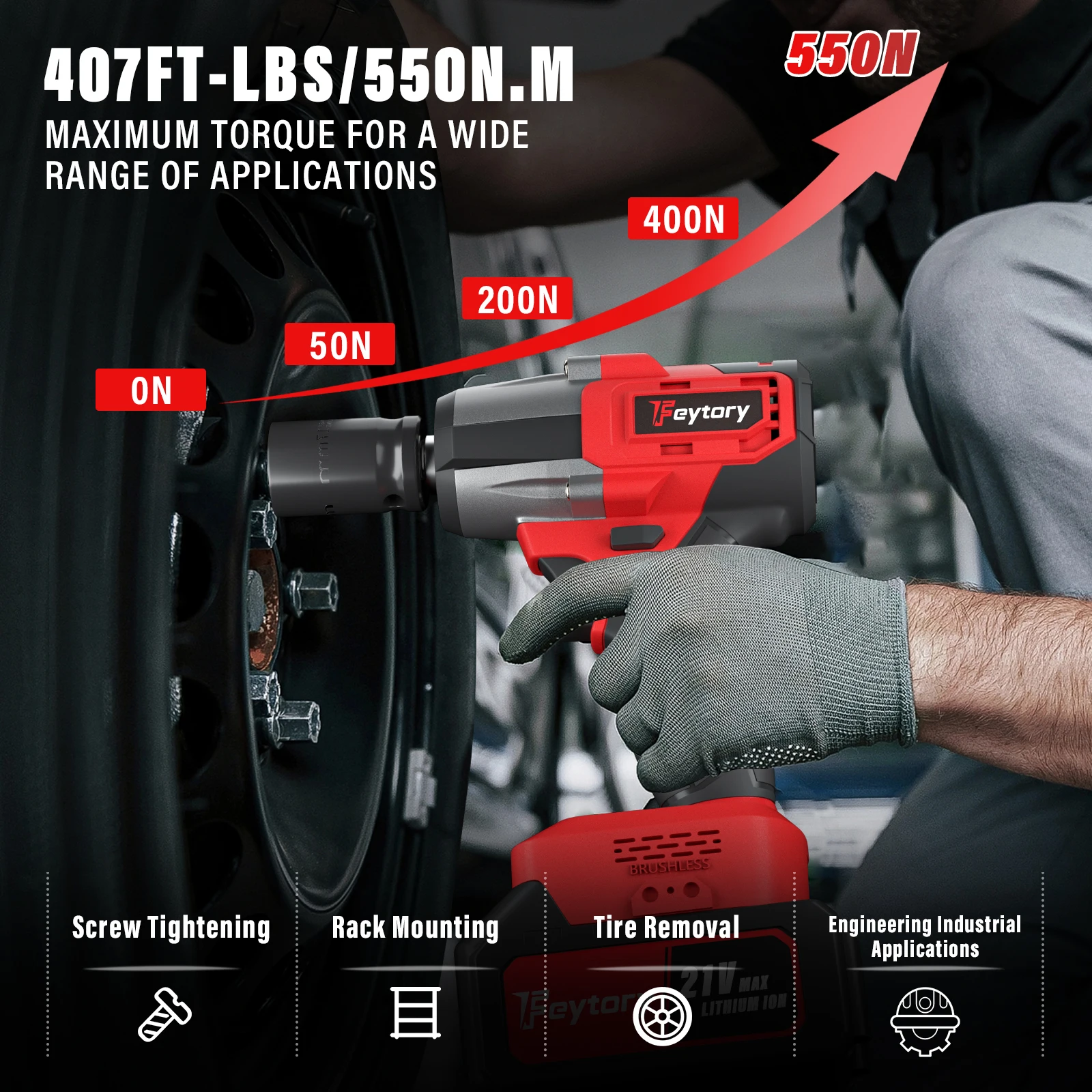 21V Bürstenloser Akku-Schlagschrauber, 550N.m Hochdrehmoment 3-in-1 Elektrowerkzeug für Autoreparatur & DIY – Detail 6