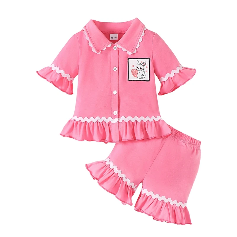 Pudcoco Baby Girl Easter Pajama Set Lapel Neck Short Sleeve Button Down Tops Frill Trim Shorts Infant Toddler Sleepwear 3M-3T