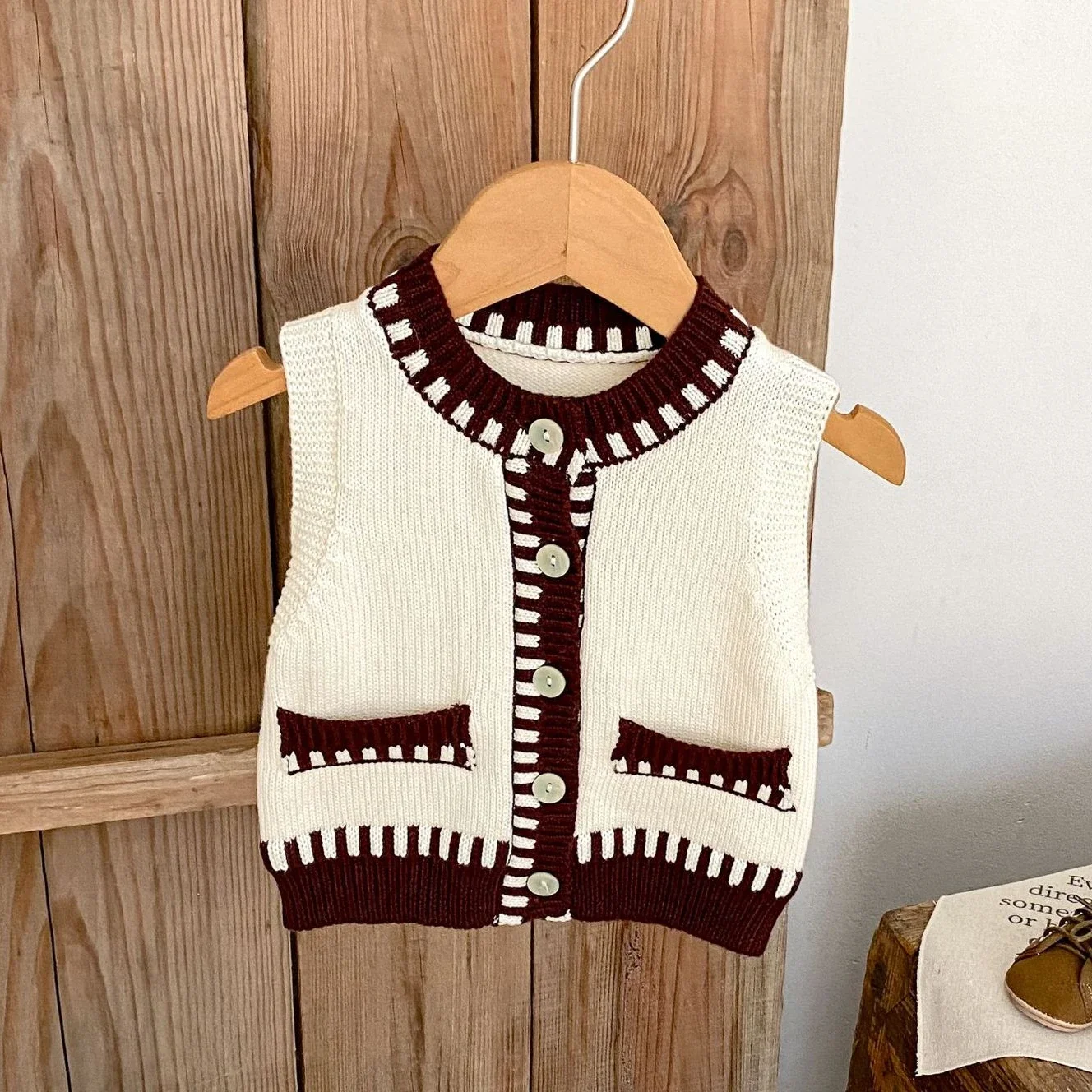 Children's Vest 2025 Spring Infant Boys And Girls Contrast Knitted Vest Cardigan Cotton Knitted Sweater