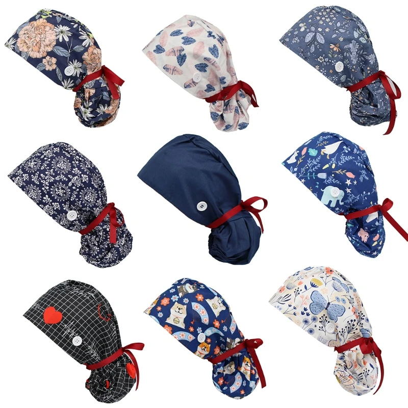 

Women Long Hair Adjustable Working with Sweatband Buttons Cartoon Floral Print Ponytail Holder Tie Back Bouffant Hat