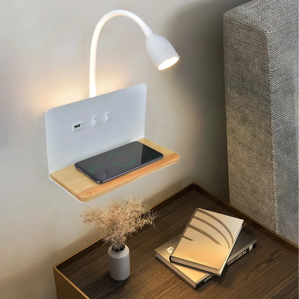 Minimalist Wooden Wireless Charging Wall Lamp USB Charging Dual Control Switch LED Indoor Bedside Study Room Living Room Light