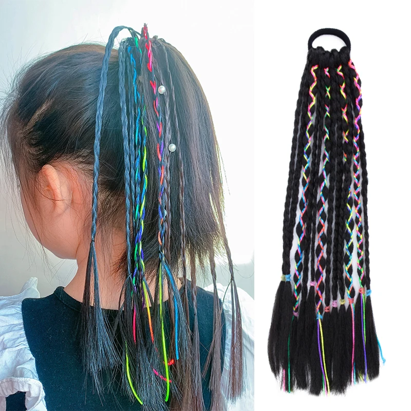 

12inch Colored Gradient Box Braided Ponytail For Girl With Elastic Hair Band Rubber Band Hair Accessories Wig Headband Hairpiece