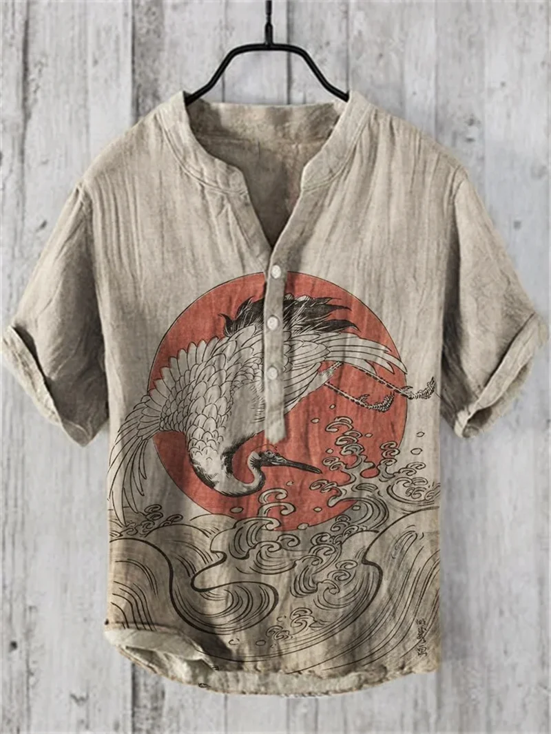 Standing collar 3D digital thermal dragon shirt landscape picture men standing collar short sleeved shirt