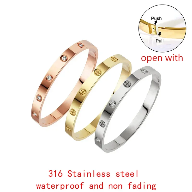 Classic Zircon Cross Nail Hand Accessories Bracelets Stainless Steel Screw Brand Jewelry Bangles for Woman, Bangle Bracelet, Zircon Bracelet, Stainless Steel Bracelet