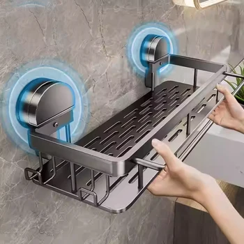 ชั้นวางของในห้องน้ำแบบติดผนังด้วยถ้วยดูด ไม่ต้องเจาะผนัง สำหรับวางขวดแชมพู ชั้นวางของในห้องอาบน้ำ ชั้นวางของในห้องน้ำและห้องครัว ทำจากอะลูมิเนียม 1