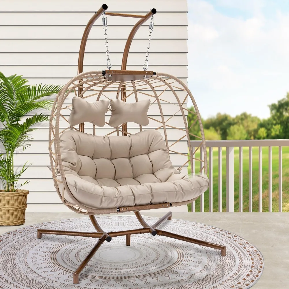 2 Person Wicker Swing Double Egg Chair with Stand, Rattan Wicker