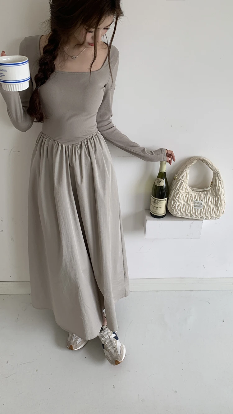 Casual Knitted Midi Dresses for Women Solid Long Sleeves Square Collar A-line Autumn New Elegant Dress Female Slim Vestidos