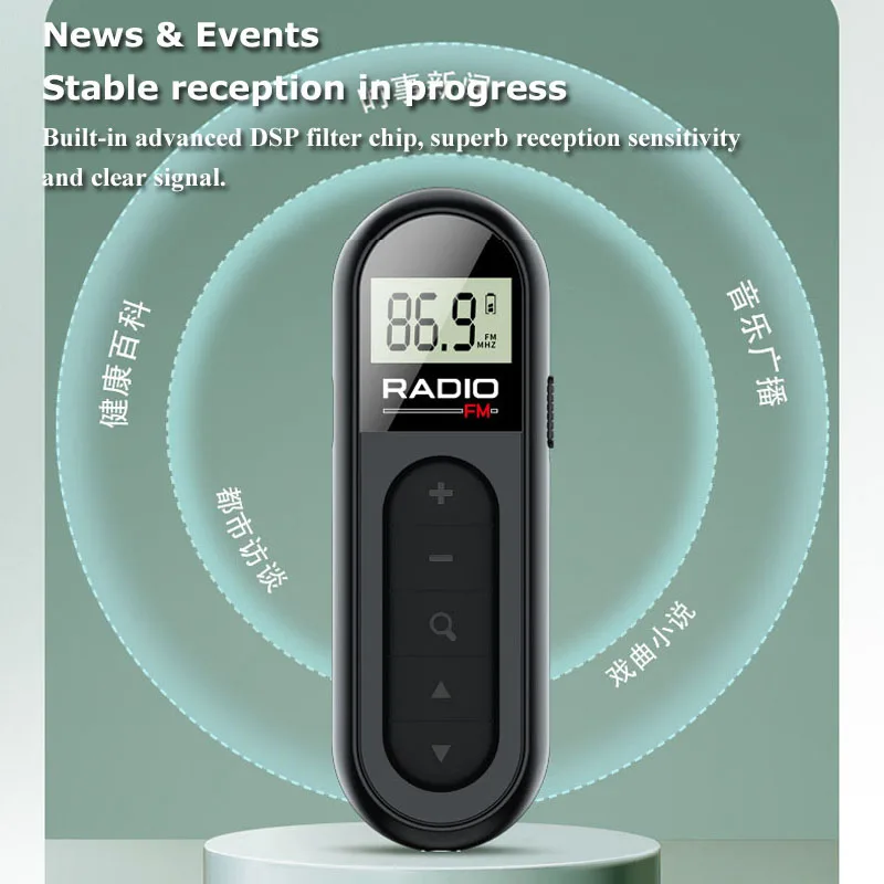 Mini Pocket FM Radio Portable 76-108MHZ Radio Receiver with Backlight LCD Display Wired 3.5mm Headphones Support Type-c Charging