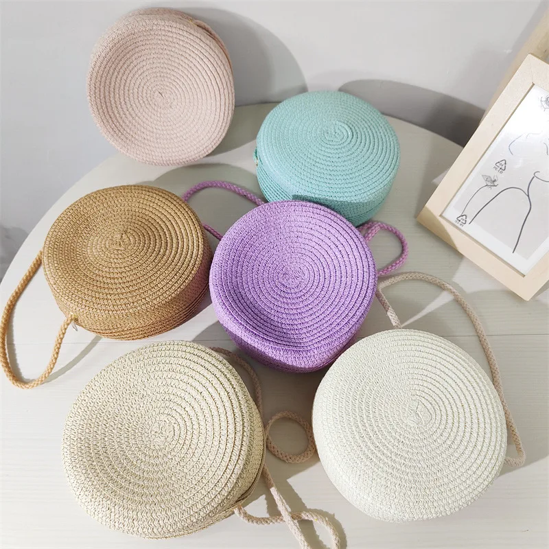 

Handmade Straw Shoulder Bags Summer Women Girl Small Round Handbag Kids Coin Purse Fashion Zipper Rattan Woven Travel Beach Bag