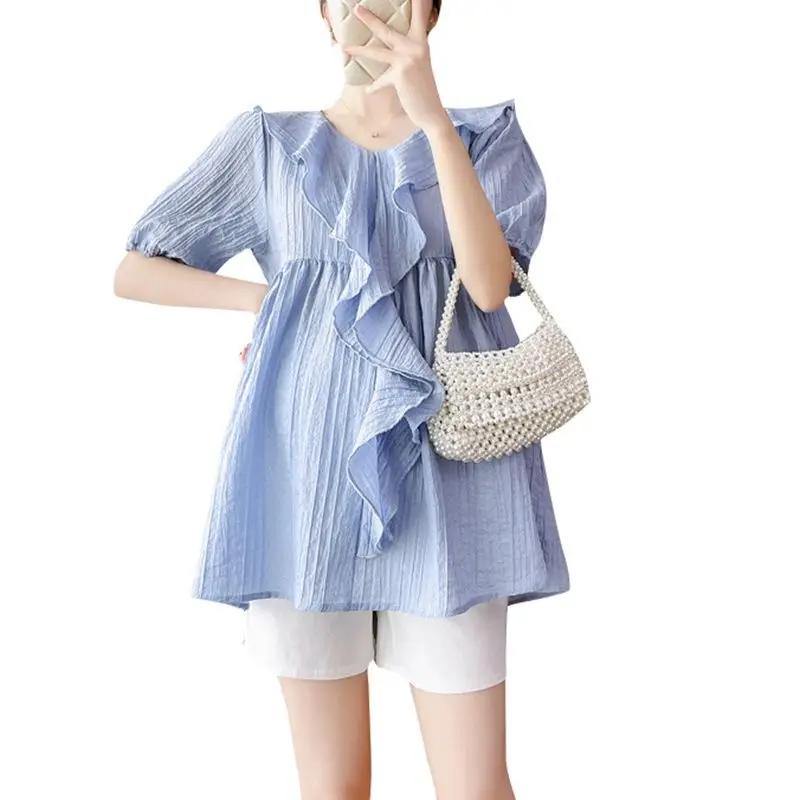 

Maternity Blouse Solid Summer V Neck Doll Short Sleeve Blouse Cloth Tops Plus Size Women Pregnant Clothing Pregnancy T Shirt