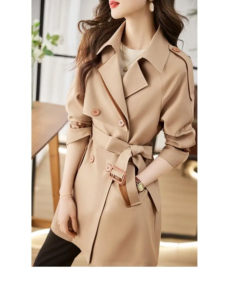 Solid Mid length Trench for Women Fall Winter 2023 New Vintage Turn Down Collar Long Sleeve Jacket Loose Double Breasted Coat