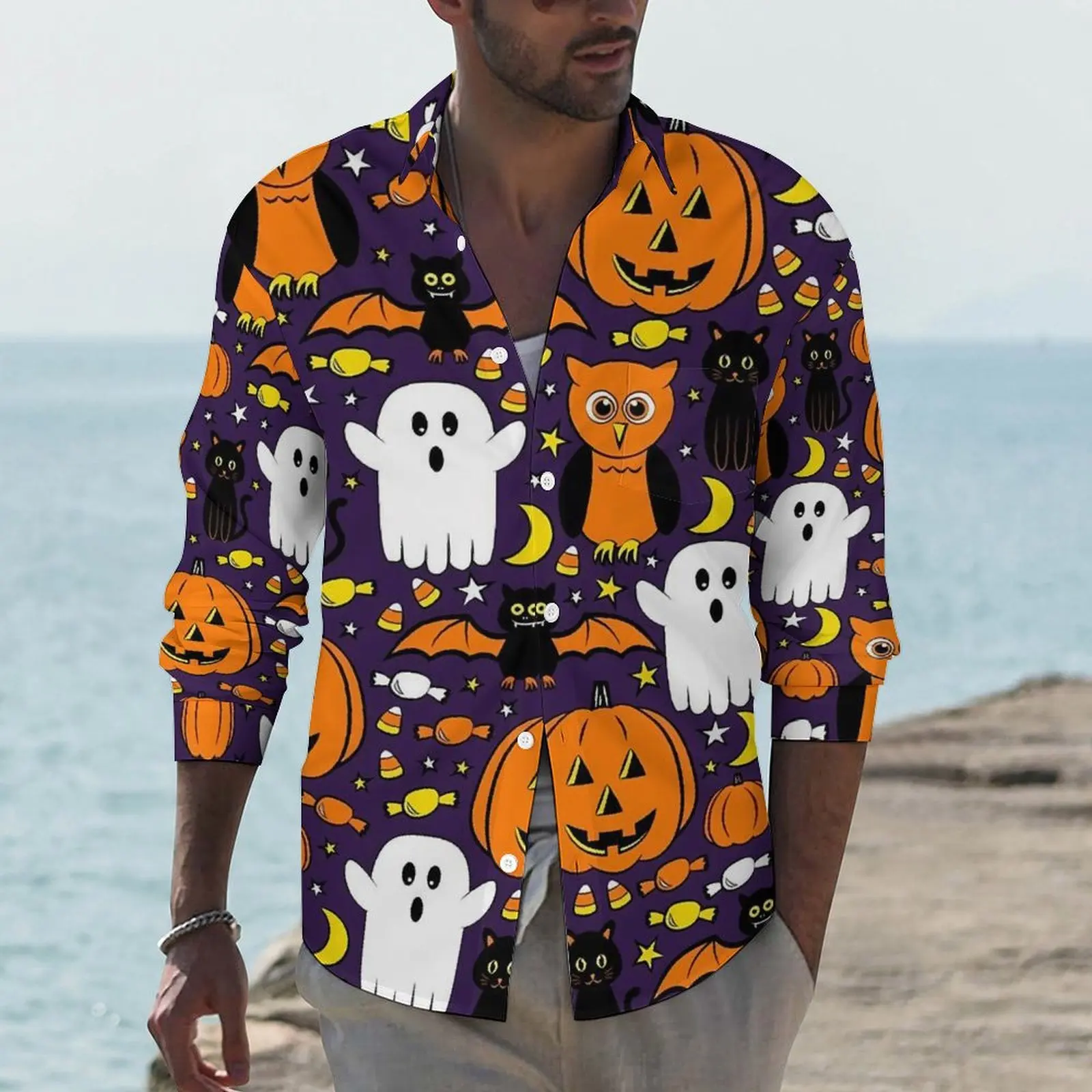 

Happy Haunts Shirt Autumn Ghost And Pumpkin Casual Shirts Men Fashion Blouses Long Sleeve Graphic Funny Tops Large Size