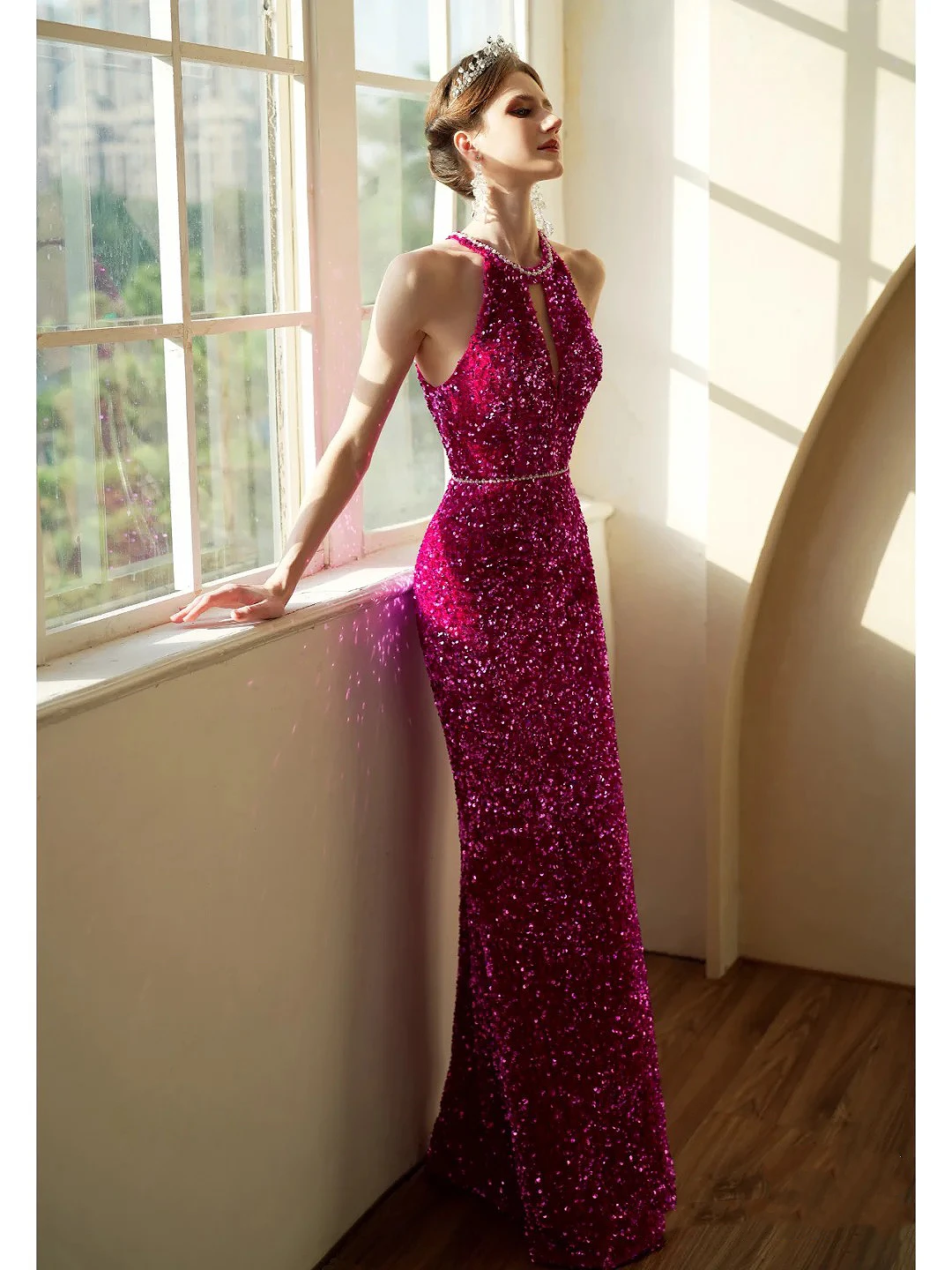 

Sexy Mermaid Celebrity Dress Fuchsia Purple Glitter Sequined Halter Pearl Tassel Hollow Out Backless Party Evening Gowns Bridal