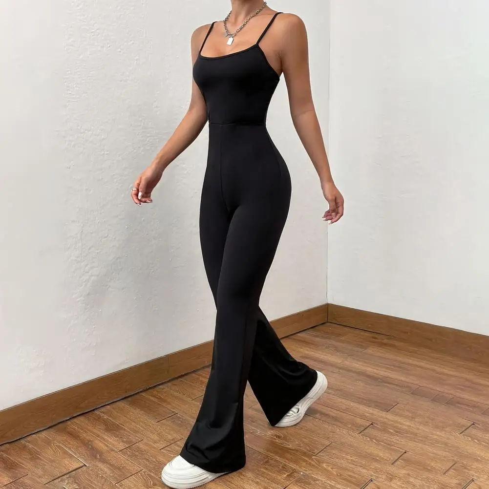 

Solid Color Bell Bottoms Jumpsuit Stylish Women's Backless Sleeveless Jumpsuit with Square Neck Flared Hem Slim Fit for Summer