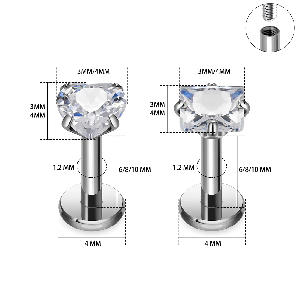 G23 Titanium Piercing Heart CZ Labret Ear Stud Earrings 10Pcs/lot For Women Square Shape Lip Stud Body Jewelry Helix Tragus ear piercing earring
