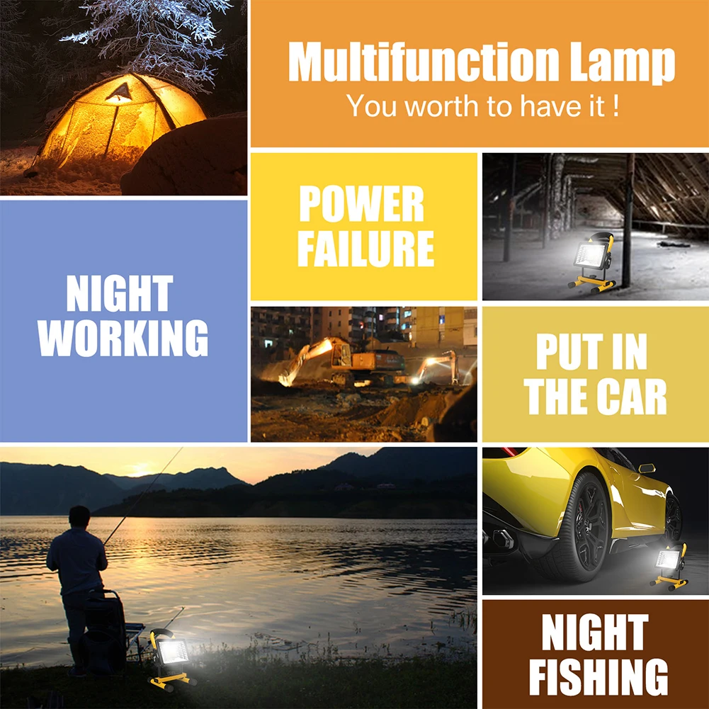 Led Work Light Work Light 60W LED Work Lights Rechargeable Floodlight Waterproof Portable Emergency Work Job Site Lights with Stand for Camping Travel