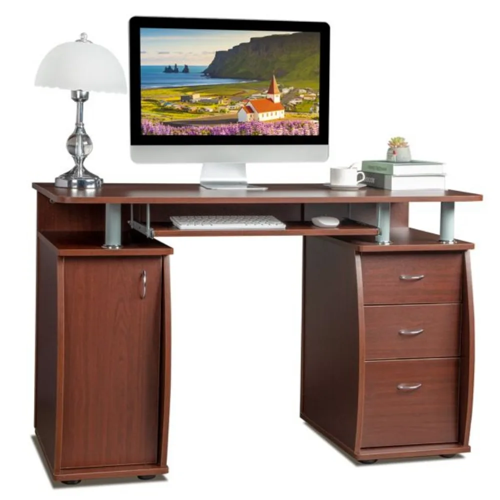 Computer Desks,115* 55*74cm 15mm MDF Portable 1pc Door with 3pcs Drawers Computer Desk (A Box) Coffee Color 3