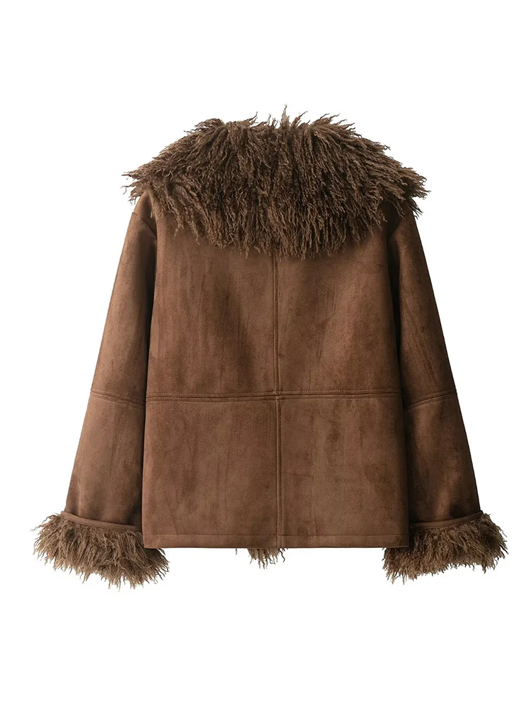 Women Faux Fur Patchwork Suede Coat Fashion Big Lapel Full Sleeve Warm Loose Fit Jacket Female Winter Thick Outwear 2025 New