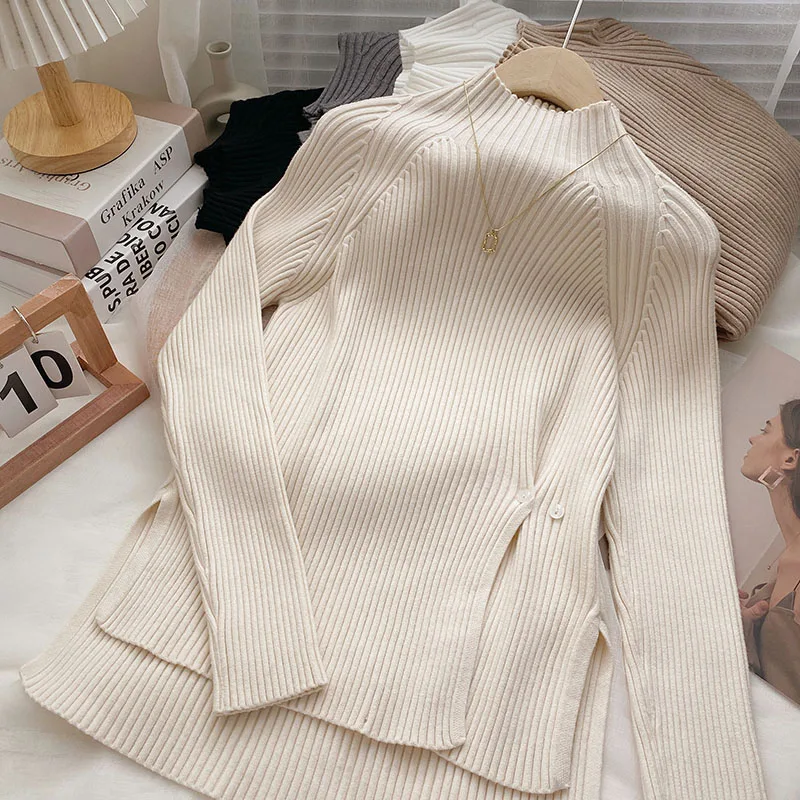 

Long Sleeve Vintage Women Casual Basic Half High Collar Street Black Fashion Pullovers Female Korean Elegant Jumper Chic Tops