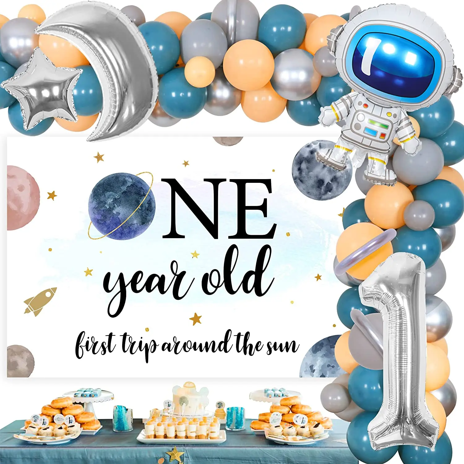 

Outer Space Theme 1st Birthday Party Decorations First Trip Around The Sun Backdrop Blue Balloon Garland Astronaut Foil Balloons