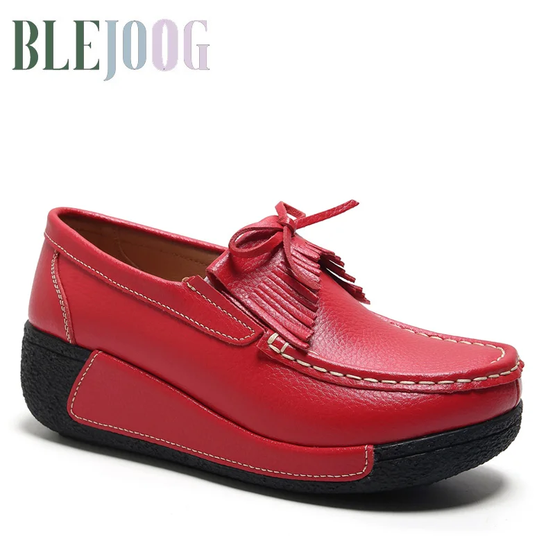 

Brand Spring Wedge Heel Flats Shoes For Women Platform Loafers Woman Lace Up Oxford Shoes With Tassels Ladies Leather Boat Shoes