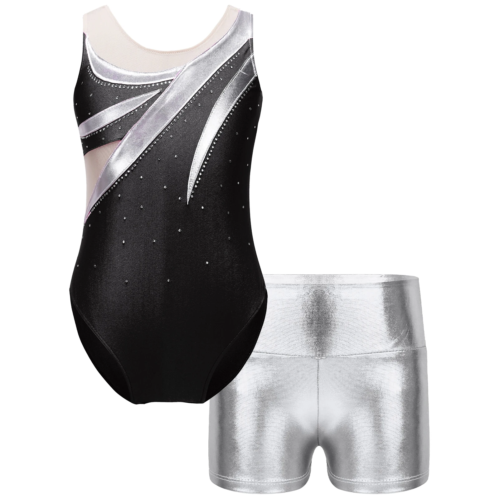 

6-14Y Girls Ballet Dance Gymnastics Leotard with Shorts Figure Skating Stage Performance Dancewear Workout Fitness Sportswear
