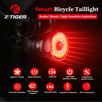 X-TIGER 자전거 후미등 스마트 브레이크 감지 조명, IPX6 방수 LED 충전 미등, 사이클링 액세서리