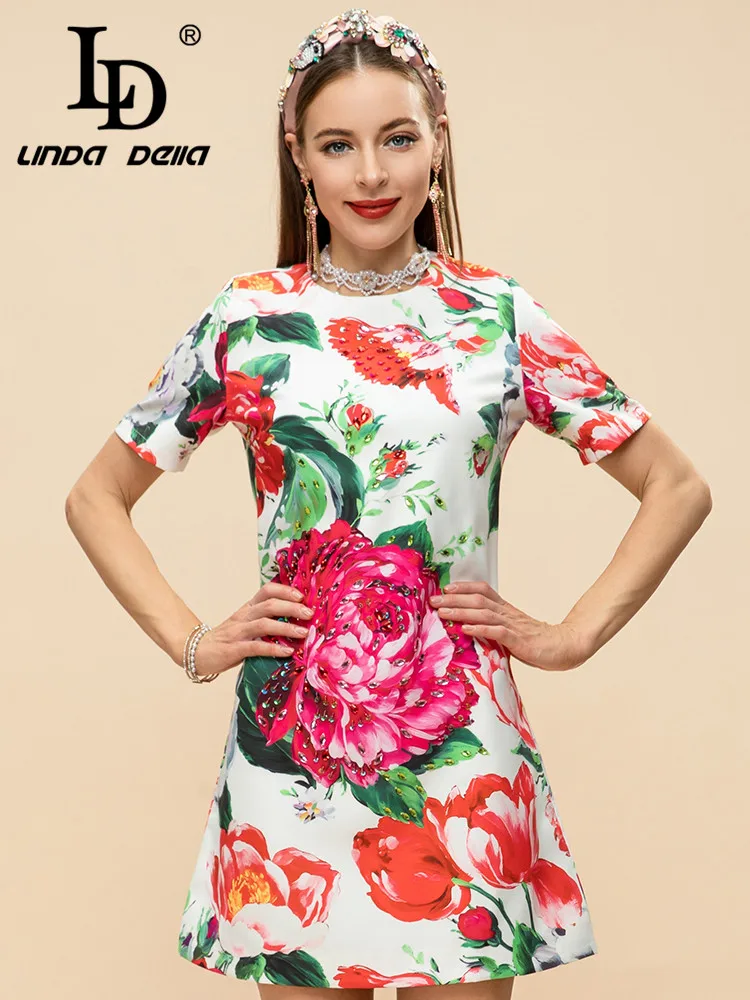 

LD LINDA DELLA Fashion Runway Summer Mini Dress Women Short Sleeve Gorgeous Floral Print Crystal Beading Elegant Mini Dresses