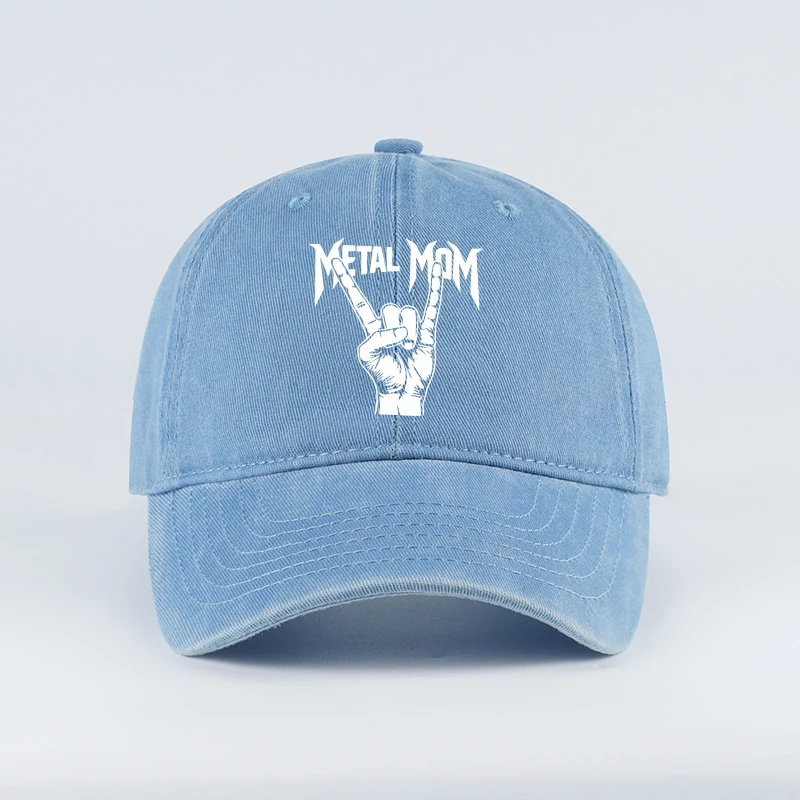 Gorra de béisbol vintage de metal con estampado de gestos de “Rock Mom”, lavada, ajustable, estilo punk urbano para mujer, versátil para el día a día